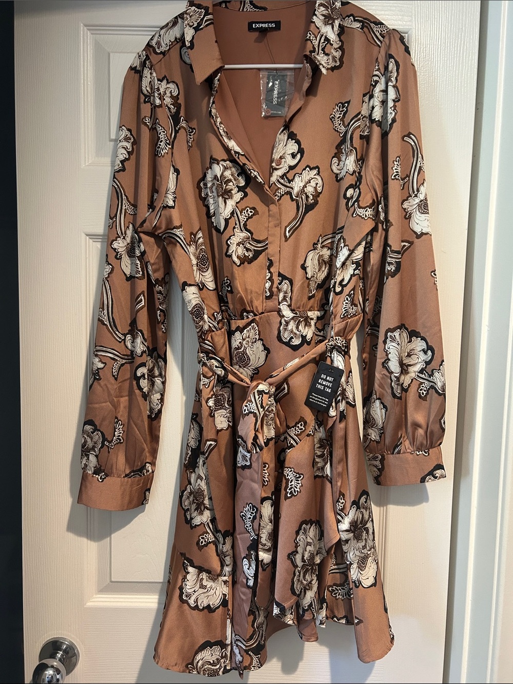 Express Brown Floral Long-Sleeve Wrap Dress